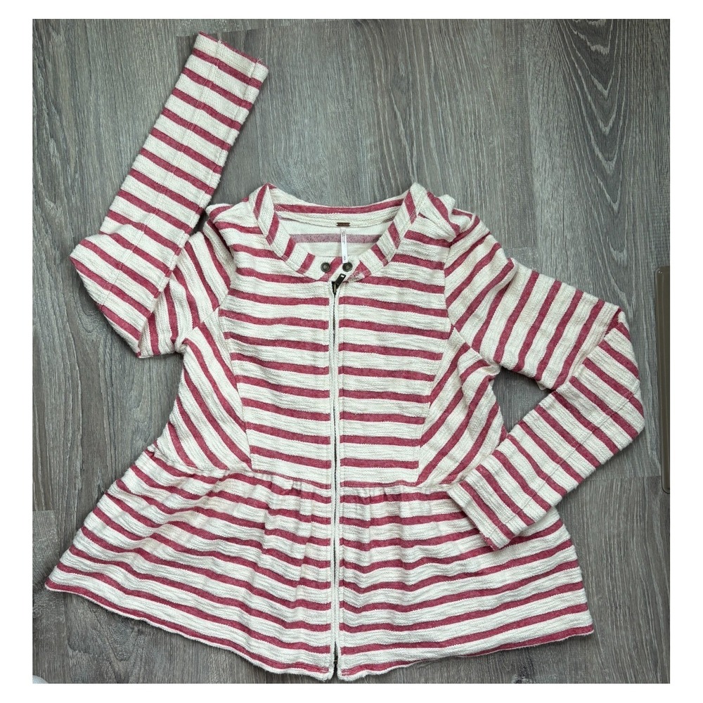 Free People Red Cream Striped Peplum Zip Up‎ Jacket Mock Neck Small NWT